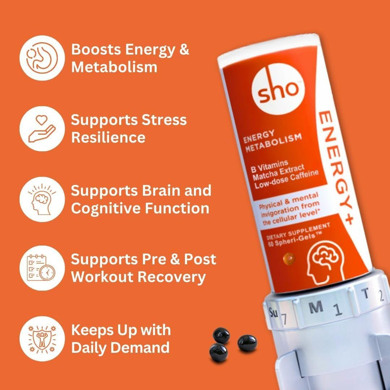SHO Vegan Energy+ Focus Supplement Kit- Matcha Green Tea Extract, Methylated B Complex, Vitamin B and Caffeine Natural Energy Booster Without Crash, Jitters for Men and Women - 60 Pills Refill Bottle 60 Count (Pack of 3)