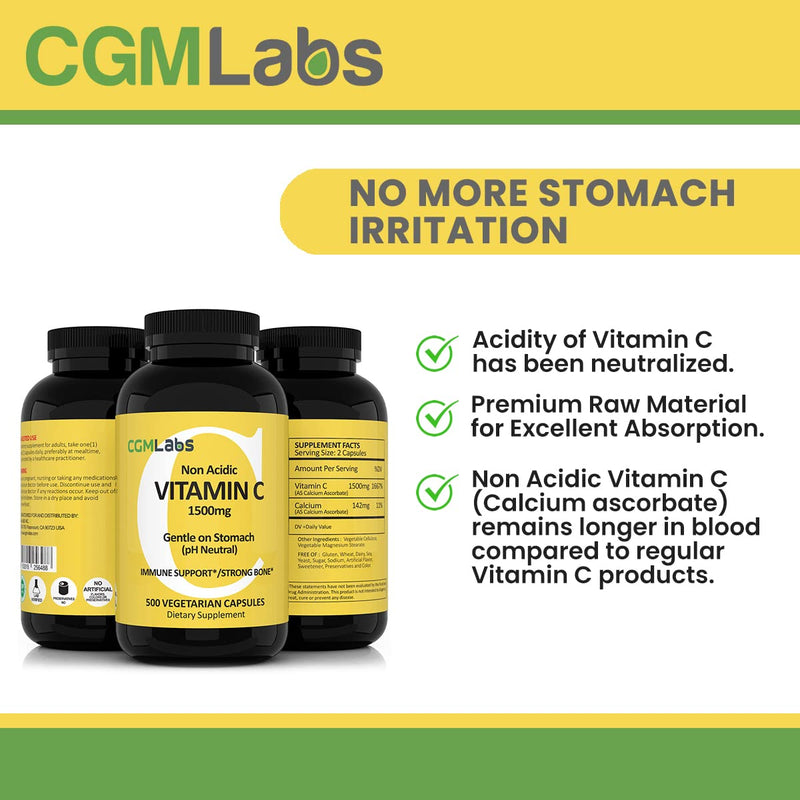 Non-Acidic Vitamin C 1500mg with Calcium - 500 Vegetable Capsules