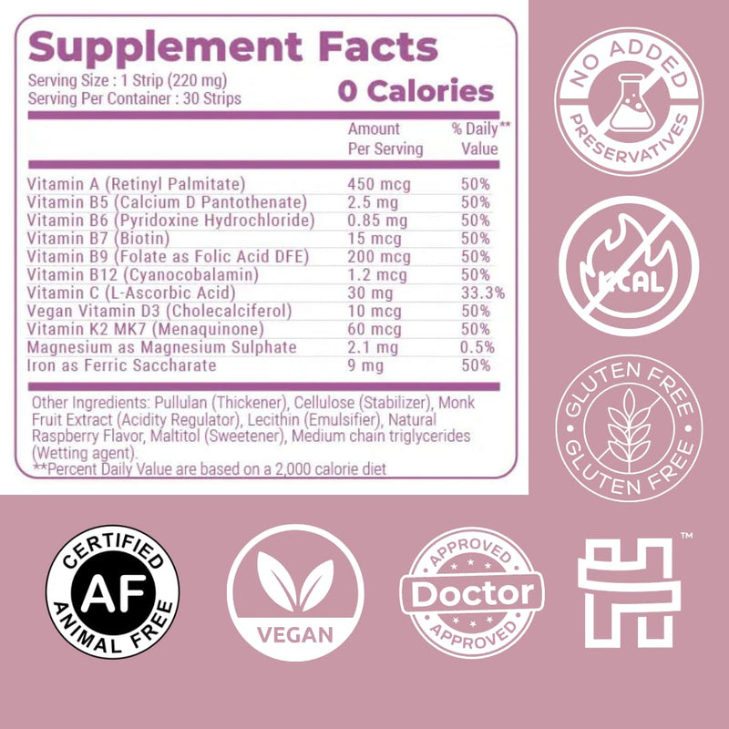 NutriHugs Daily Multivitamin Dissolving Strips - Vitamins A, B-Complex, C, D3 and K2 - 11 Essential Vitamins & Minerals - Vegan, Sugar-Free, Fast-Absorbing Oral Thin Film - Doctor-Founded - 30 Count