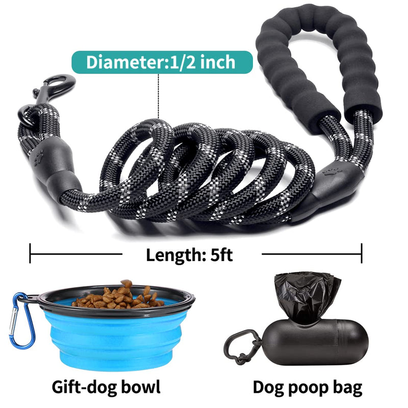 COOYOO 2 Pack Dog Leash 2/5/6 FT Heavy Duty - Comfortable Padded Handle - Reflective Dog Leash for Medium Large Dogs with Collapsible Pet Bowl Set 2-Black+Blue 1/2"x 5 FT (18~120 lbs.) - BeesActive Australia