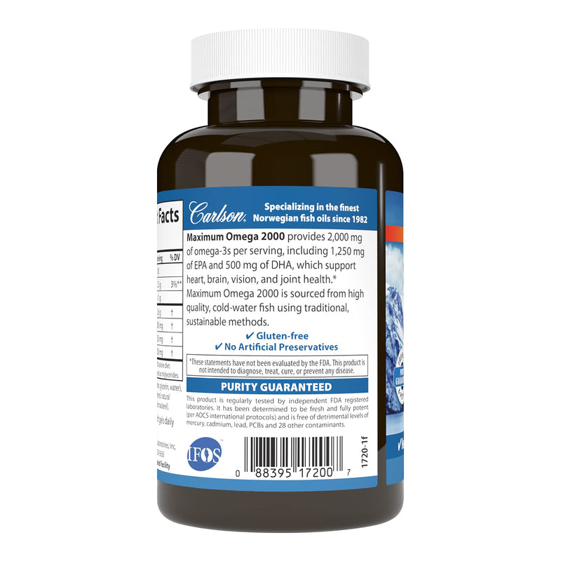 Carlson - Maximum Omega 2000, 2000 mg Omega-3 Fatty Acids Including EPA and DHA, Wild-Caught, Norwegian Fish Oil Supplement, Sustainably Sourced Fish Oil Capsules, Lemon, 60 Softgels 60 Count (Pack of 1)