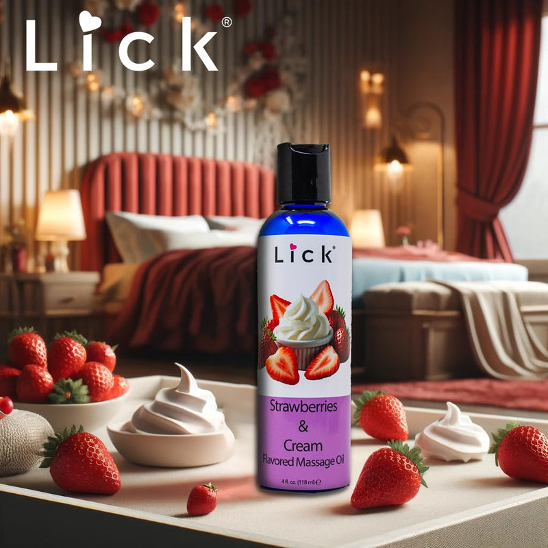 Lick Strawberries and Cream Flavored Massage Oil ‚Äì Romantic, Body Safe, Non-Greasy Formula, Date Night 4 oz 4 Fl Oz (Pack of 1) - BeesActive Australia