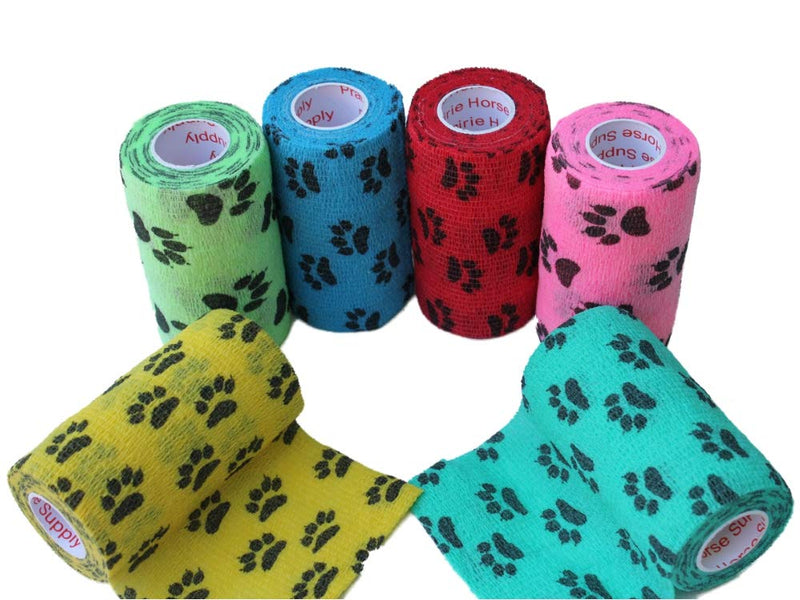 Prairie Horse Supply 4 Inch Vet Wrap Tape Bulk (Paw Prints Variety) (Pack of 12) Self Adhesive Adherent Adhering Flex Bandage Grip Roll for Dog Cat Pet 12 Rolls Paw Prints