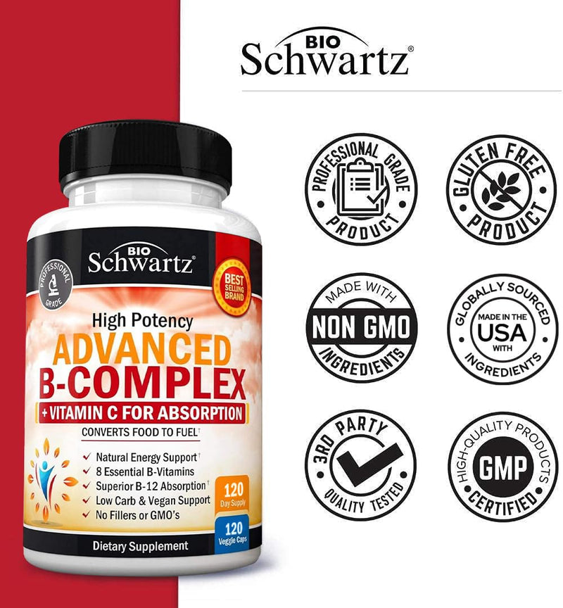 Vitamin B Complex with Vitamin C for Maximum Absorption, 120 Capsules | Methylcobalamin b12 & Folate Folic Acid Supplement - B1 B2 B3 B5 B6 B7 B9 for Energy, Immune & Nervous System Support 120 Count (Pack of 1)