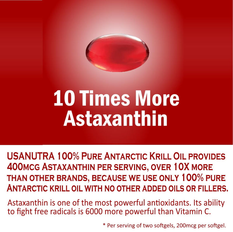 Antarctic Krill Oil Softgels 100% Pure with Omega-3 EPA DHA Astaxanthin 1000mg per Day (2 Softgels). Made in The USA