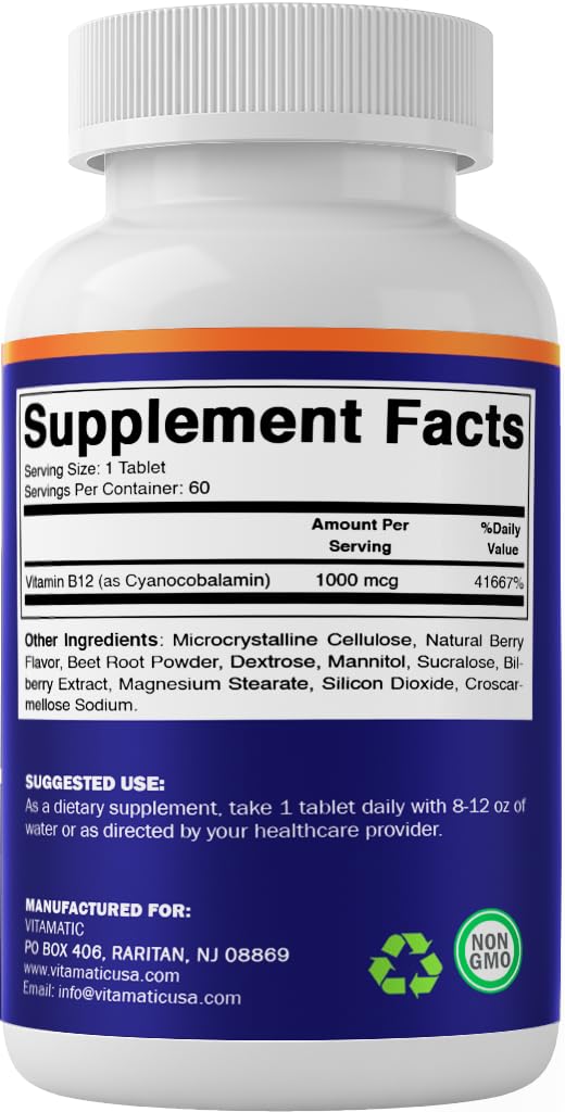 Vitamatic Vitamin B12 1000 mcg Fast Dissolve – 60 Tablets – Natural Berry Flavor – Supports Energy Metabolism & Nervous System Health (Pack of 2) 60 Count (Pack of 2)