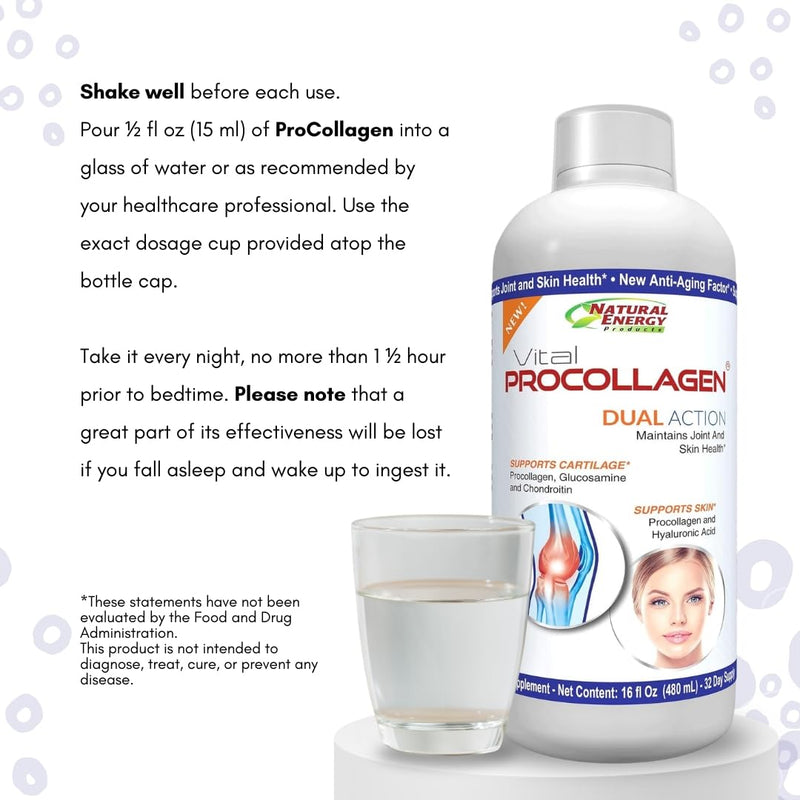 Natural Energy Vital Procollagen - Liquid Hydrolyzed Collagen Protein with Hyaluronic Acid and Glucosamine Chondroitin Sulfate Anti-Aging Factor for Men and Women 16oz |New Snickerdoodle Flavor| 1