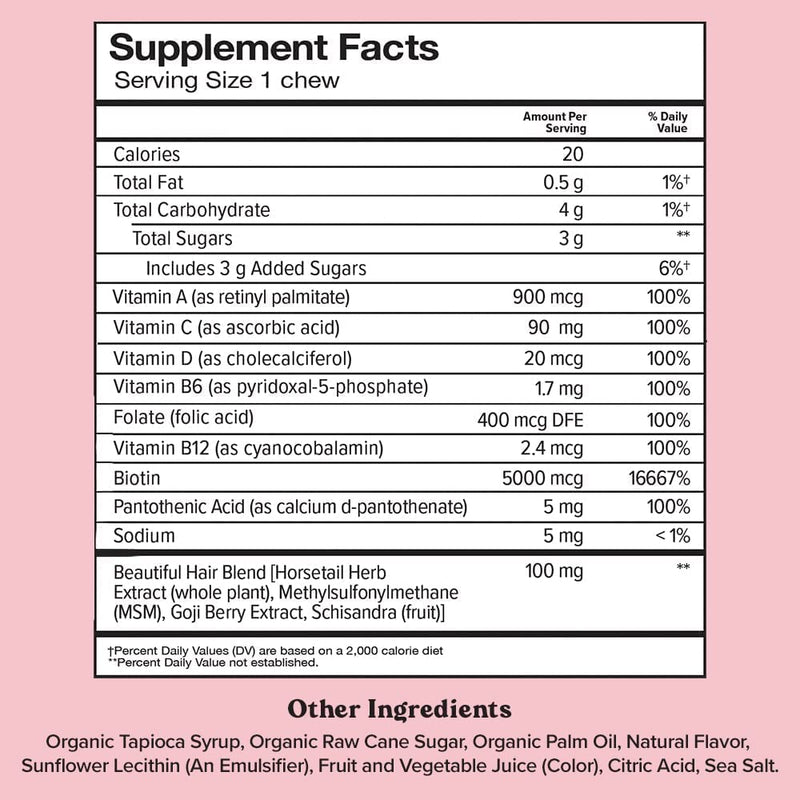 Chewsy - Beautiful Hair - Support for Stronger, Healthy Hair - with Biotin, Horsetail Extract, Goji Berry & Vitamins - Sweet Raspberry, 30-Day Supply 30 Count (Pack of 1)