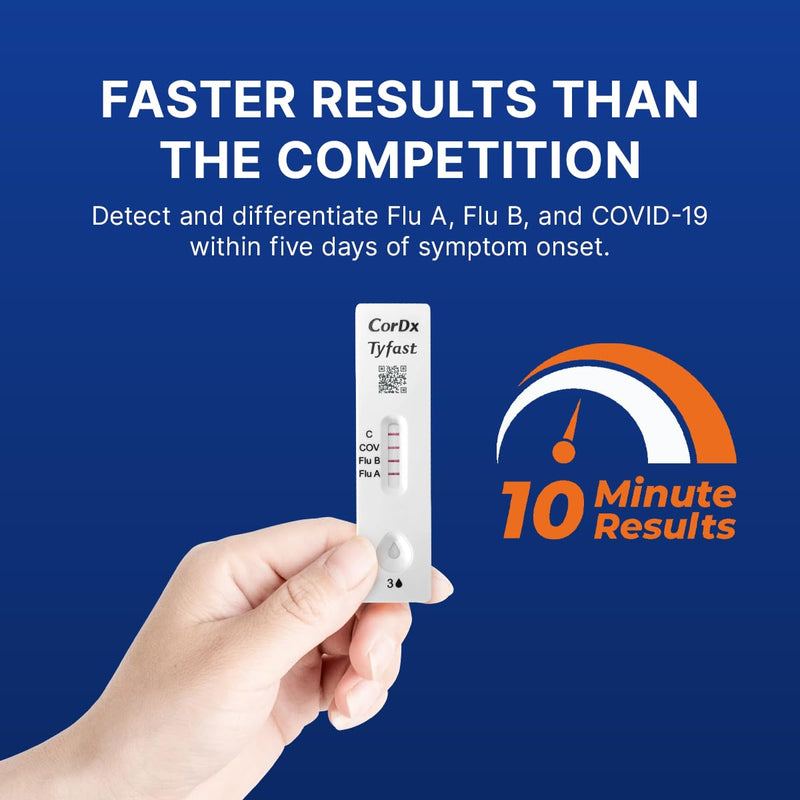 CorDx TyFast at Home Flu A/B & COVID-19 Multiplex Rapid Test Kit, Easy, Accurate, Fast Results in 10 Minutes, 3 in 1 Combo Kit, 5 Tests