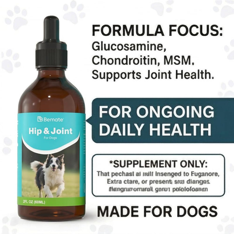 Hip & Joint Liquid Supplement for Dogs,Glucosamine with Chondroitin & MSM, Supports Joint Health, Mobility & Flexibility, Easy to Mix with Food, Daily Use, 2 fl oz (60 mL)