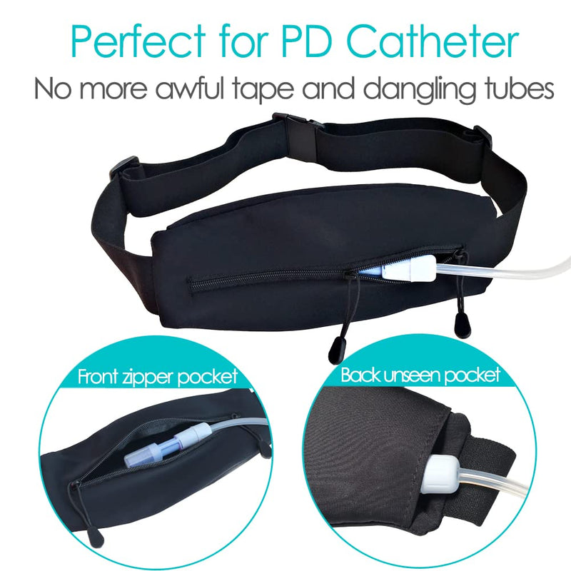 Peritoneal Dialysis Belt PD Catheter Holder Large Pocket G-Tube Abdominal Peg Feeding Tube Belts Kidney Protector Supplies for Adults Women Men Black