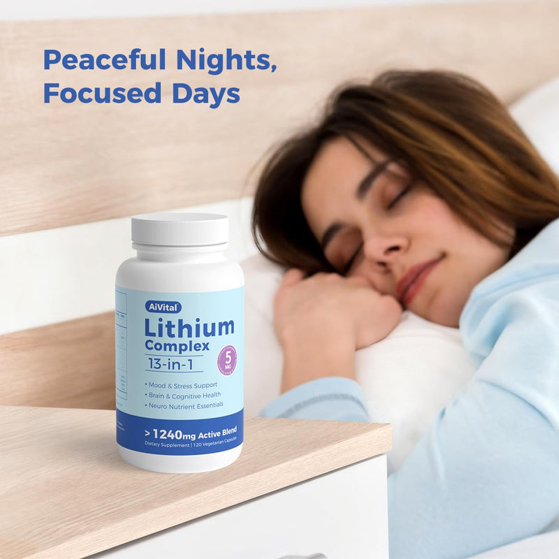 AiVital™ Lithium Orotate 5mg, 13-in-1 Lithium Supplement with Magnesium Glycinate, L-theanine & DHA for Daily Balance, Focus & Clarity, Low-Dose Formula, Non-GMO, Gluten Free, Vegan, 120 Capsules