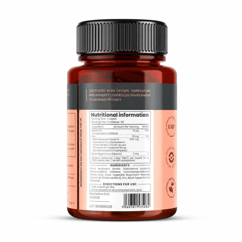 pureclinica Reishi Mushroom Extract 1000mg (5:1) per Tablet – 180 Caplets (2 x 90, 6-Month Supply) – with Vitamin D3 (25µg), Zinc (15mg) & Piperine (5mg – Fruiting Body Ganoderma lucidum) 90 Count (Pack of 2)