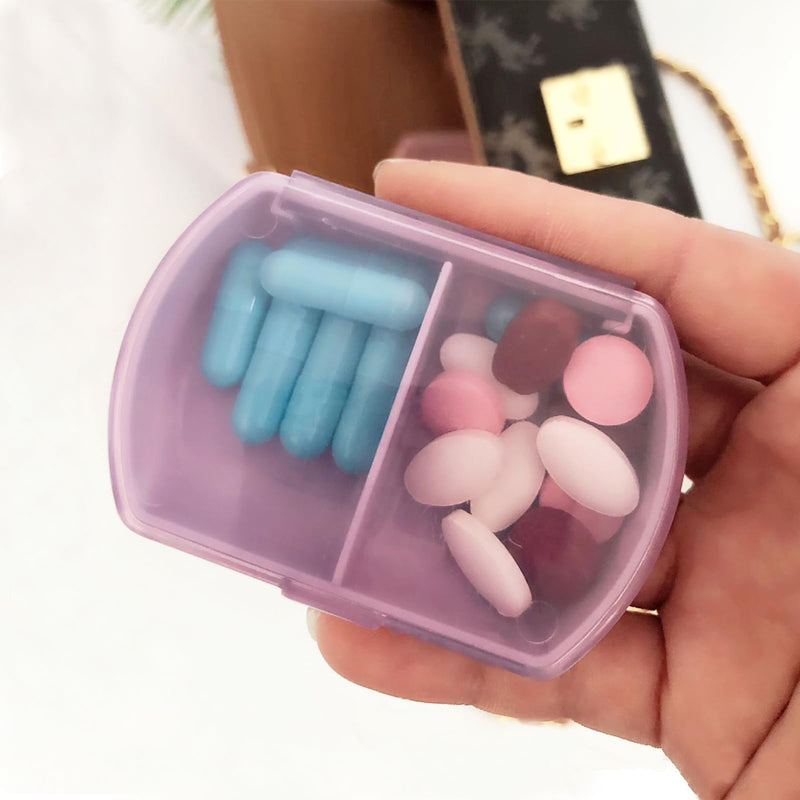 Small Pill Case Small Pill Organizer Pill Storage Device Portable Travel Pill Box Daily Medicine Storage Box 2 Compartments Pill Holder Pill Container for Vitamins, Fish Oil, Supplements Purple 2pcs