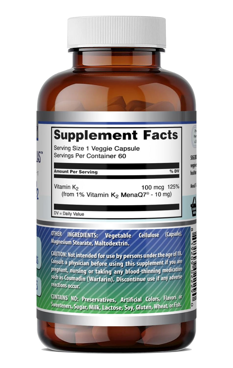 Amazing Formulas Vitamin K2 Menaq7 MK7 Supplement | 100 Mcg | Veggie Capsules | Non-GMO | Gluten Free | Made in USA (1 Pack, 60 Count) 60 Count (Pack of 1)