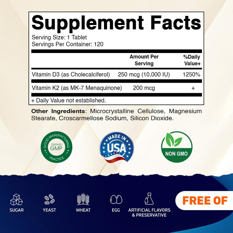 Vitamatic Vitamin D3 K2 Supplements with 10,000 IU Vitamin D + 200mcg Vitamin K MK-7, 120 Tablets Bone, Heart, Immune, & Calcium Support 120 Count (Pack of 1)