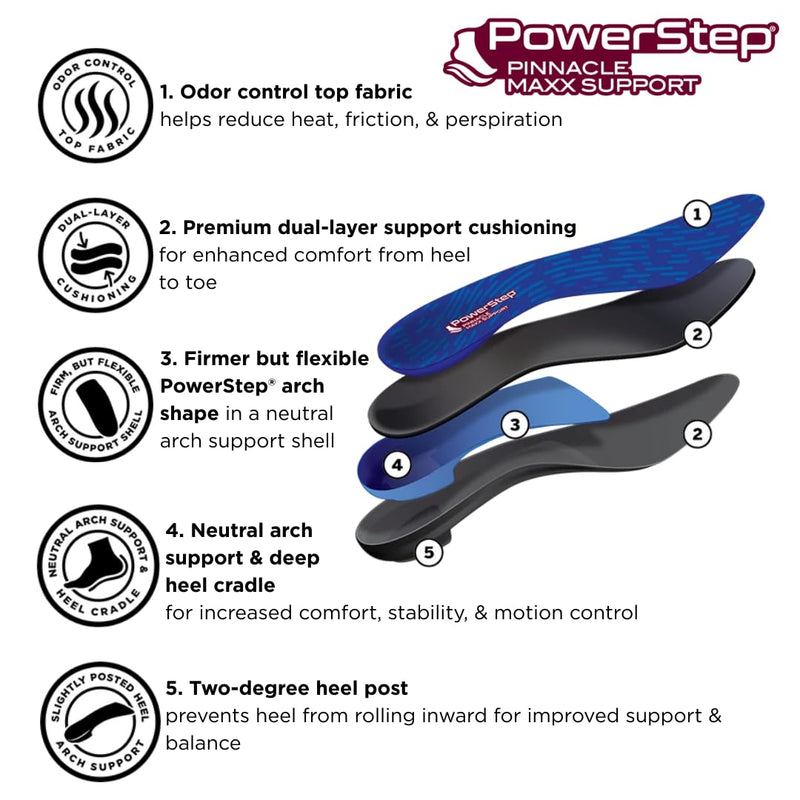PowerStep Pinnacle Maxx Orthotic Insoles, Maximum Stability & Comfort, Firm & Flexible Angled Heel, Flat Feet & Overpronation, Heavy Duty Shoe Inserts for Men & Women, Made in USA Maroon Men's 11-11.5