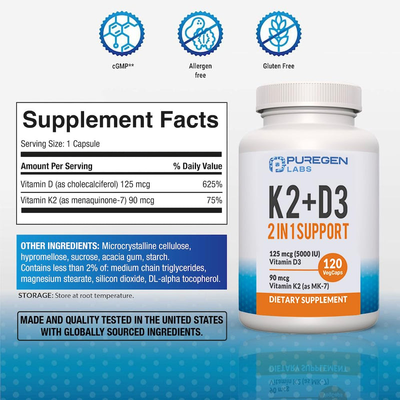 2 in 1 High Potency Formula 90mcg Vitamin K2 (MK7) and 5000 IU Vitamin D3 Supplement I Non-GMO Formula, Easy to Swallow Vitamin D & K Complex, 120 Capsules I 4-Month Supply 120 Count (Pack of 1)