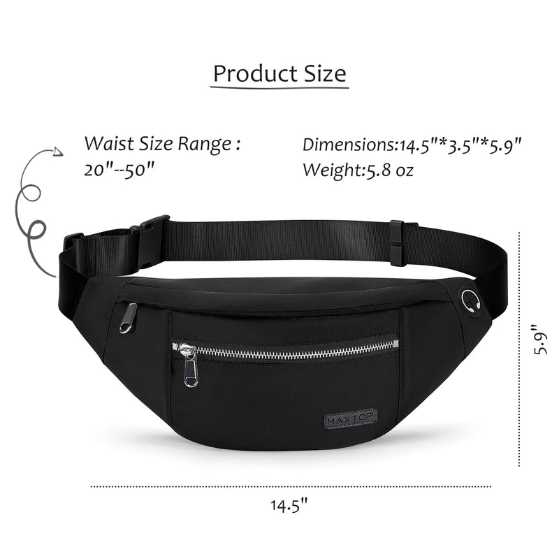 MAXTOP Large Crossbody Fanny Pack with 4-Zipper Pockets,Gifts for Enjoy Sports Festival Workout Traveling Running Casual Hands-Free Wallets Waist Pack Phone Bag Carrying All Phones Black(Washed Nylon with Silver Metal Zipper)