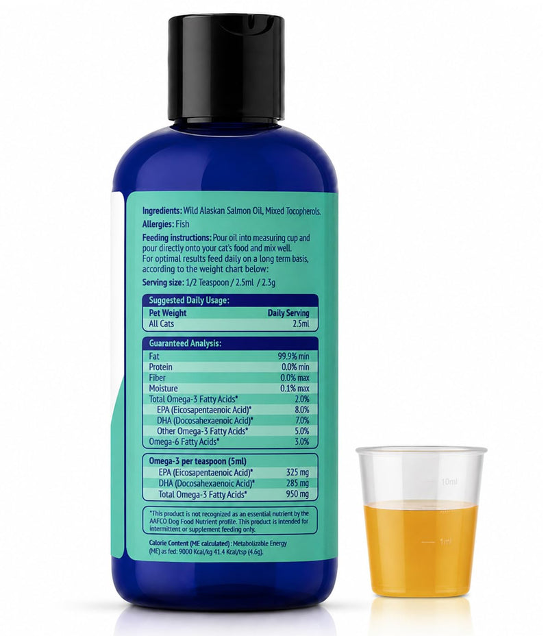 Premium Omega 3 Fish Oil for Cats - Wild Alaskan Salmon Oil Supplement for Skin and Coat - Liquid Cat Supplement for Shedding Control & Cat Dandruff - 4oz