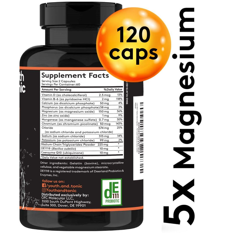 Youth & Tonic MCT Keto Electrolyte Pills, Fasting Electrolytes & Salts | CoQ10 & Probiotics, Low Carb & Carnivore, Sugar Free Electrolyte Capsules, Hydration, Potassium Magnesium Supplement, 120 Ct