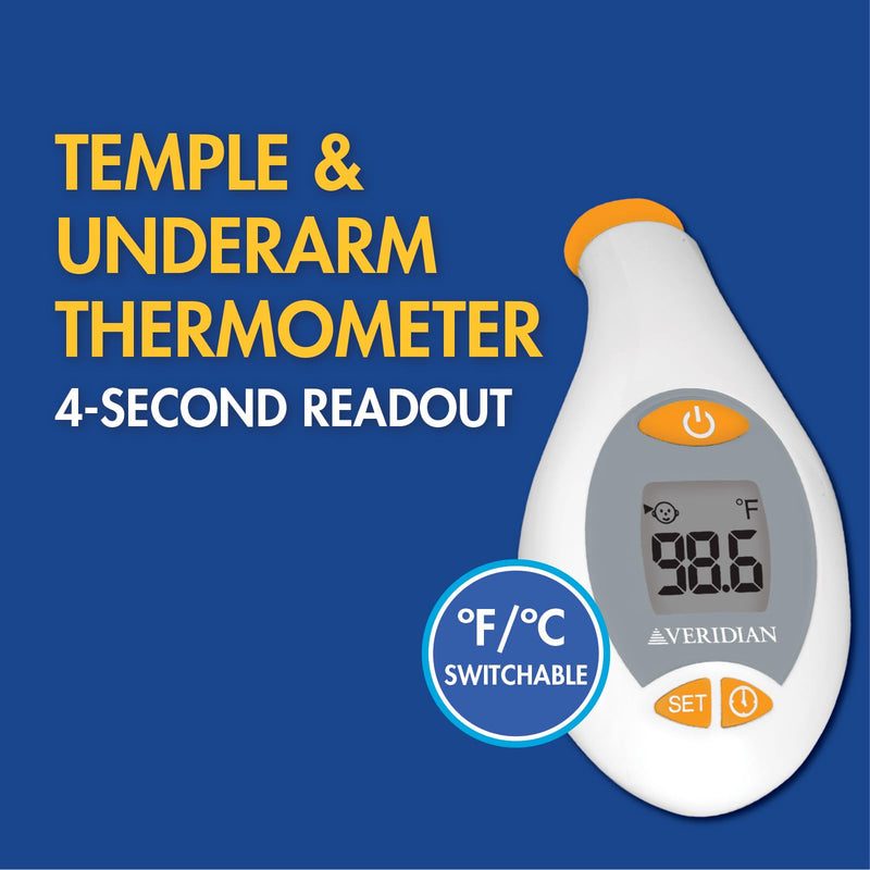 Veridian Healthcare Temple & Underarm Thermometer | Infrared Measurements | Fast 4-Second Readout | Fever Alert | Backlit Display | Programmable Timer | 1-Year Warranty - BeesActive Australia