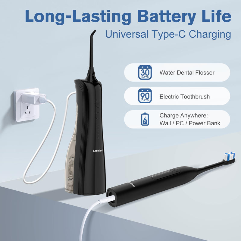 Leominor 3-in-1 Water Flosser & Electric Toothbrush Combo – Cordless Oral Irrigator with 235ml Large Tank,5 Modes, IPX7 Waterproof,Freshening Strips,for Teeth,Gums,Braces,Home & Travel,Black Black