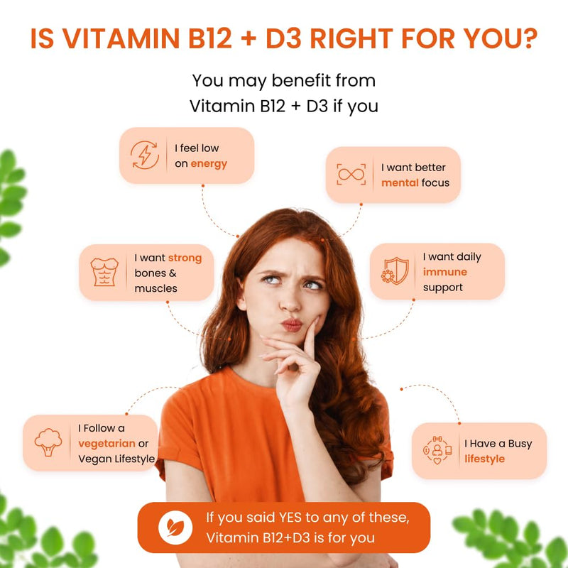 Vitamin B12 + D3 Supplement – Supports Red Blood Cell Formation, Energy Levels, Nerve Health & Immune Function | 500mg Per Serving | with Alfalfa & Spinach Powder | Vegan Capsules | 60 Count