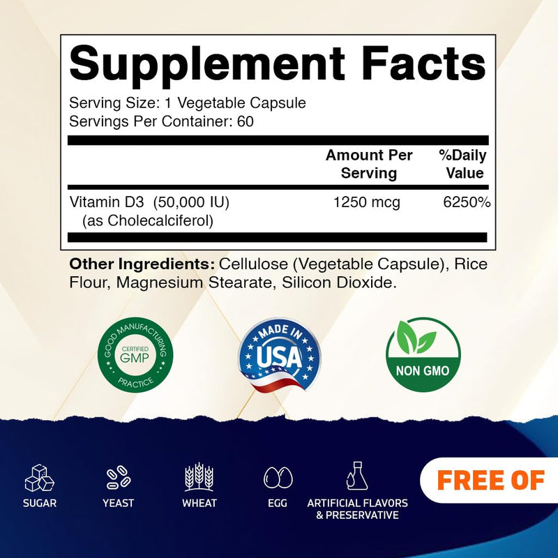 Vitamatic 3 Pack Vitamin D3 50,000 IU (as Cholecalciferol), Once Weekly Dose, 1250 mcg, 60 Veggie Capsules 1 Year Supply, Progressive Formula Helping Vitamin D Deficiencies | Supports Bone, Teeth & Immune Health*, Non GMO, Gluten Free, Made in USA