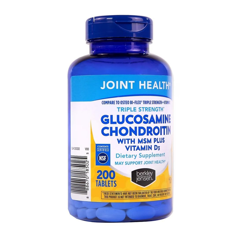 Berkley Jensen Glucosamine Chondroitin Triple Strength Complex with MSM and D3 Joint Supplement Tablets for Joint Support and Cartilages, NSF Certified, 200 Count (Pack of 1)