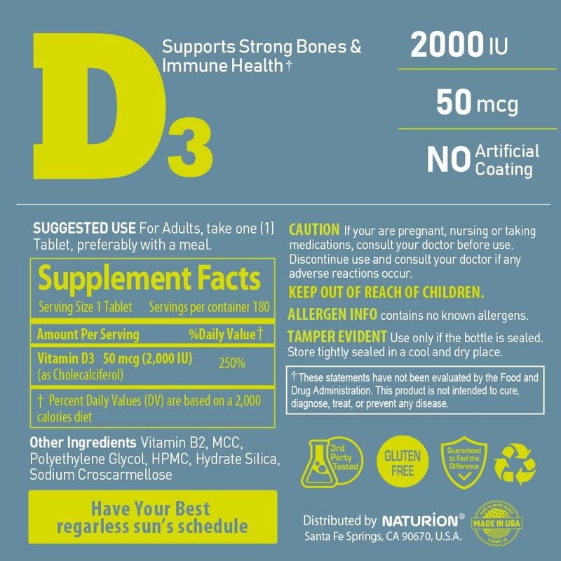 Vitamin D3 2000iu (50 mcg) 6-Months Supply for Immune Support, Healthy Muscle Function, and Bone Health - Non-GMO, Gluten Free, with Vitamin B2 - (Mini Tablets), 180 Count 180 Count (Pack of 1)