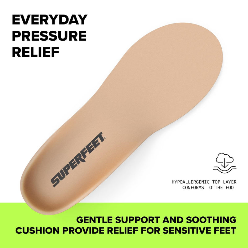 Superfeet Everyday Pressure Relief Shoe Inserts - Soft Cushioning for Sensitive Feet with Gentle Support & Heel Relief for Work, Walking & Everyday Wear, 7.5-9 Men / 8.5-10 Women
