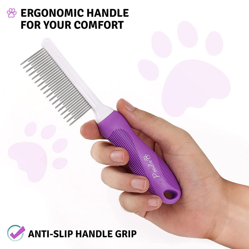 Poodle Pet Detangling Pet Comb with Long & Short Stainless Steel Teeth for Removing Matted Fur, Knots & Tangles – Detangler Tool Accessories for Safe & Gentle DIY Dog & Cat Grooming Purple - BeesActive Australia