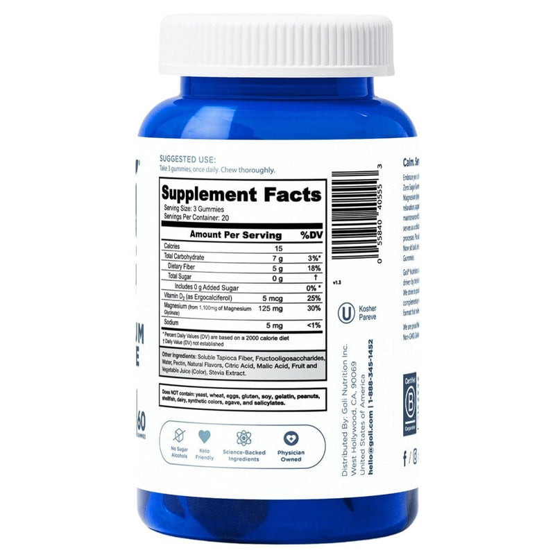 Goli Zero Sugar Magnesium Gummies - 125mg Magnesium (from Magnesium Glycinate) with Vitamin D - No Artificial Sweeteners, No Sugar Alcohols - Vegan, Keto-Friendly, Gluten-Free 60 Count