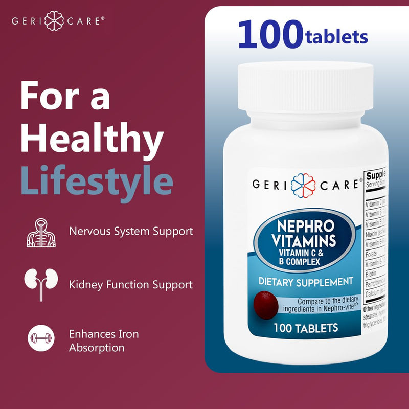 GeriCare Nephro Vitamin C & B Complex Tablets, 100 Count – Daily Kidney Health & Energy Support, Immune System Boost, Antioxidant Protection & Metabolism Support (Pack of 1)