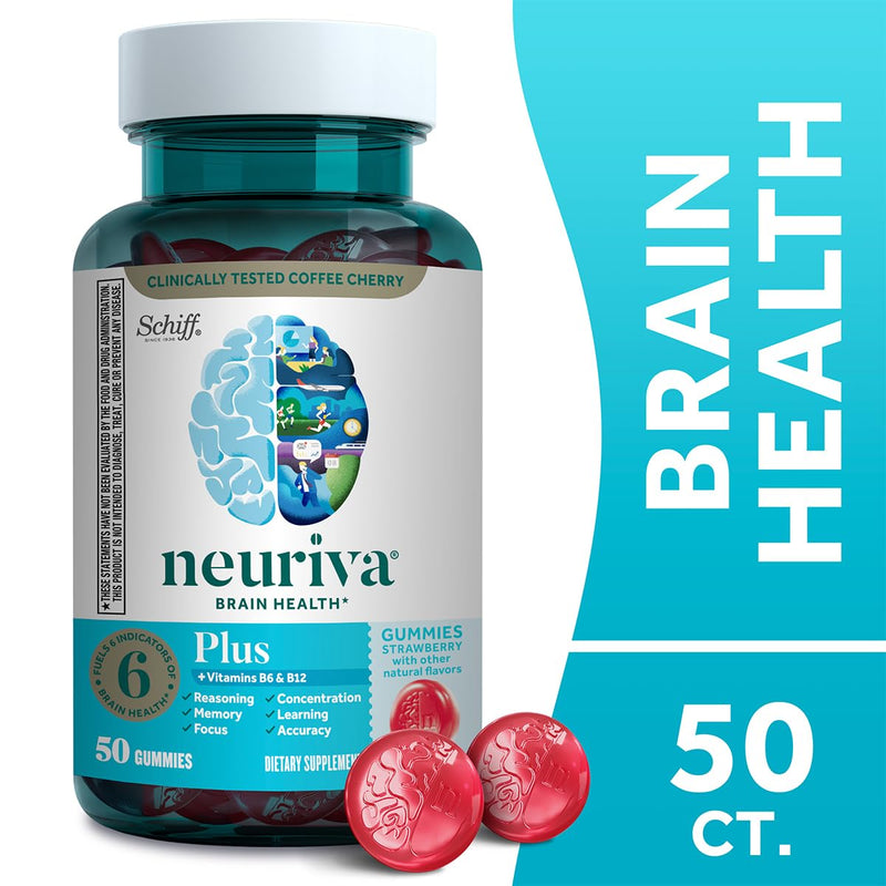 NEURIVA Plus Decaff Nootropic Brain Supplement for Memory, Focus & Concentration & Cognitive Function, Clinically Tested NeuroFactor, Phosphat, Vitamins B6 B12, 50ct Strawberry Gummies (Pack of 2) 50 Count (Pack of 2) Brain gummies