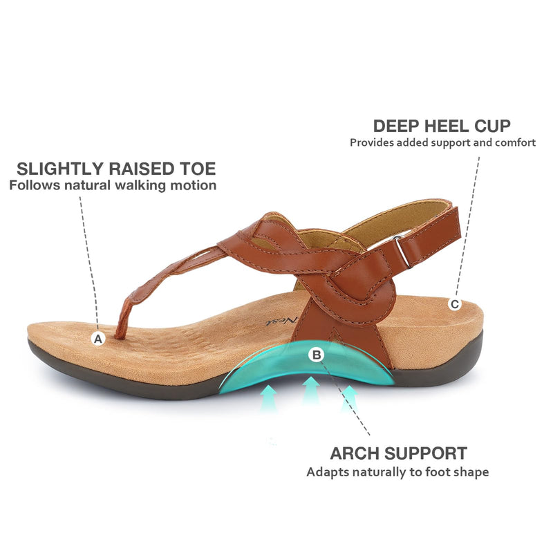 Women’s Orthopedic Arch Support Comfortable Walking Sandals, Orthotic Thong T-Strap Supportive Casual Flat Summer Sandals for Women 8.5 Brown