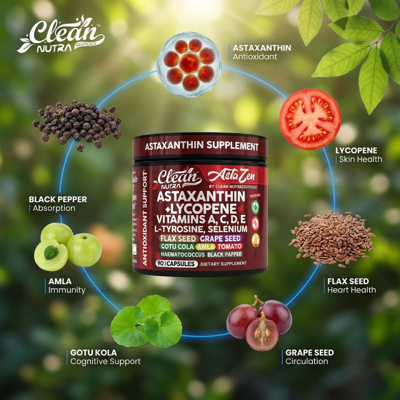 Clean Nutra Astaxanthin 12mg Lycopene Supplement with Vitamin A C D3 E, L-Tyrosine, Selenium, Flax, Grape Seed, Gotu Kola, Amla, Black Pepper, 90 Complex Veggie Capsules