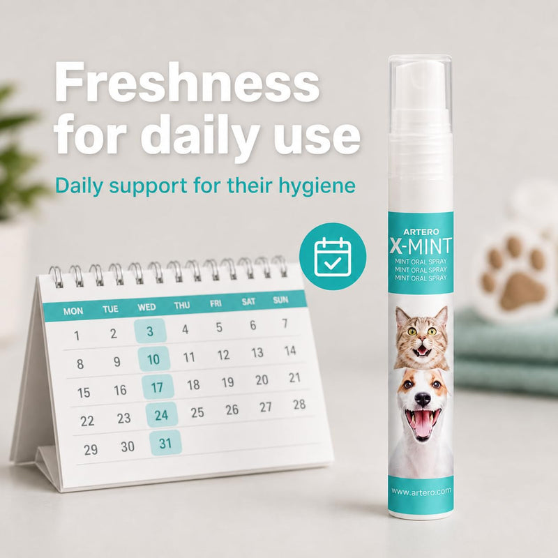 ARTERO X-Mint. Instantly removes bad breath from your dog or cat. Maintains oral hygiene. Pleasant taste. Protects enamel. Easy to apply with diffuser spray.