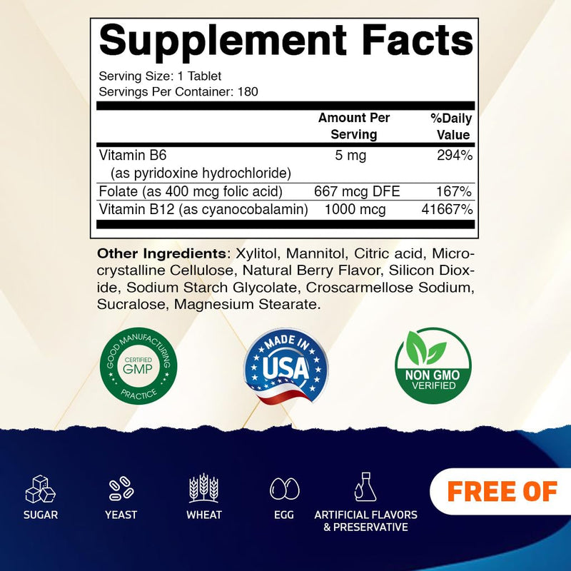 Vitamatic Folic Acid, Vitamin B12 & B6 – 180 Fast Dissolve Tablets Heart Health, Energy Production & Red Blood Cell Support (Pack of 2) 180 Count (Pack of 2)