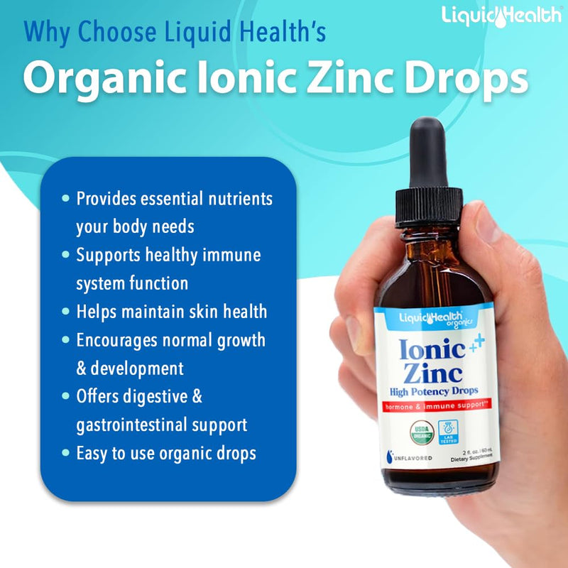 LIQUIDHEALTH USDA Organic Ionic Zinc High Potency Drops - Trace Mineral Liquid Vitamin Supplement for Adults & Kids - Immune & Digestive Support, Skin & Wound Health - USA Made, Vegan, Non-GMO (2 oz) 2 Fl Oz (Pack of 1)