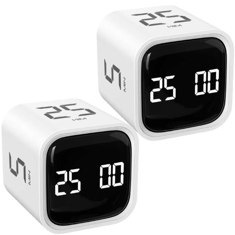 Rotating Pomodoro Timer 5, 25, 10 50 Minutes Preset, Desk Productivity Flip Timer, Cube Countdown Stopwatch for ADHD, Vibration/High/Low Volume, for Work, Study, Back to School, Kitchen, 2 White 2 Pack White