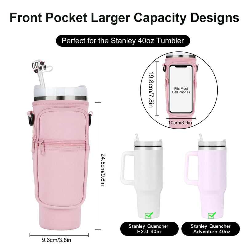 Water Bottle Carrier Bag for Stanley 40oz Tumbler with Handle, Neoprene Water Bottle Cup Holder Pouch with Adjustable Shoulder Strap, Bollus with Straw Cover & for Stanley Cup Accessories Pink - BeesActive Australia