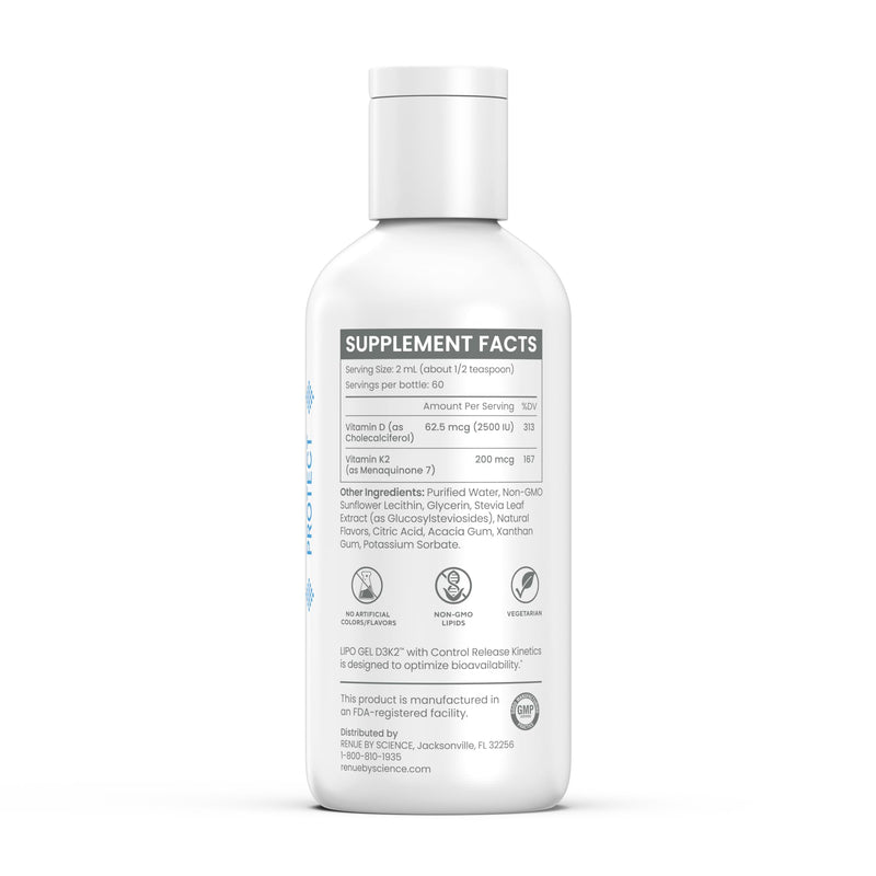 Renue By Science Vitamin D3 K2 Gel | High Strength Liposomal D3 K2 Supplement | 120ml Vitamin D K2 Gel - 2500IU Vitamin D3 & 200mcg Vitamin K2 per Serving | Non-GMO & Allergen Free | Made in the USA