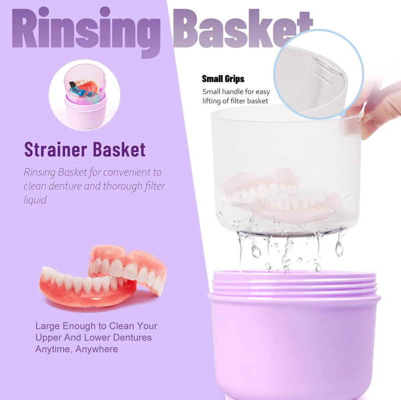 Leak Proof Travel Denture Bath Case for Full Dentures, Denture Cups for Soaking Dentures, Denture Container Cups with Brush for Dentures, Aligner, Retainers, Mouth Guard (Purple) Purple - BeesActive Australia