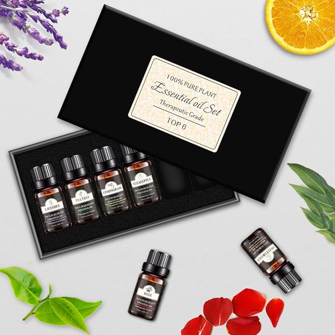 Poven Aroma Oil Set of 6 Essential Oils, 100% Natural Essential Oils, Lavender, Lemongrass, Sweet Orange, Rose, Eucalyptus, Tea Tree, 10ml x 6 Bottles - BeesActive Australia