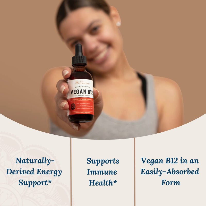 Live Conscious Vegan Vitamin B12 Sublingual Liquid Drops Methylcobalamin Max Strength B12 5000mcg Formula - Vegan B 12 Vitamin Support Energy, Promote Memory & Aid Immune System (2 Pack) 2 Fl Oz (Pack of 2)