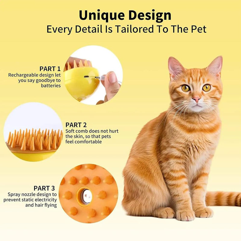 3 In1 Steamy Cat Brush for Massage,Multifunctional Cat Dog Hair Brush for Removing Tangled and Loose Hair, Pet Grooming Brush Hair Removal Comb for Cat and Dog, Yellow - BeesActive Australia
