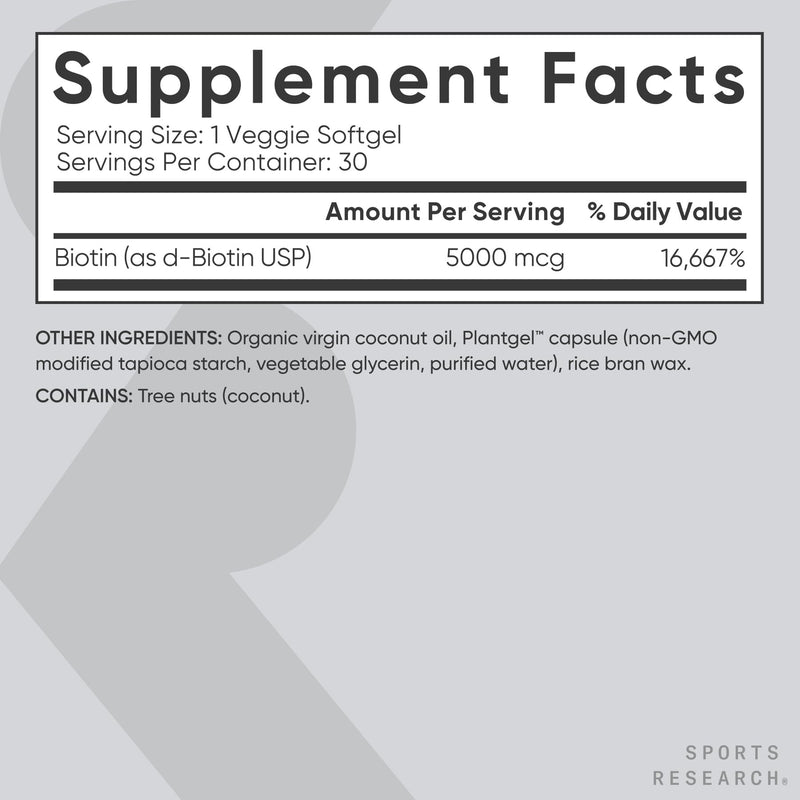 Sports Research® Biotin 5,000mcg w/Coconut Oil, 30 Count Plantgels™ | Extra Strength Vegan Biotin (Vitamin B7) for Healthy Skin and Hair Support | Non-GMO, Gluten & Soy-Free, 30 Servings