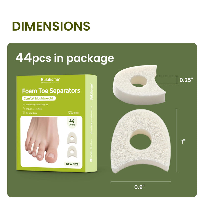 Bukihome 44-Pack Foam Toe Separators – Soft & Breathable Toe Spacers for Women & men, Help Align Overlapping Toes, Relieve Friction & Pressure, Ideal for Daily Comfort